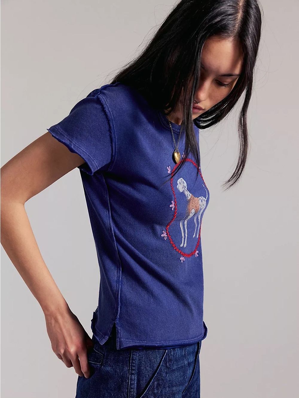 NWT FREE PEOPLE WE THE FREE Fur Friend Tee | Dalmatian Navy Blue MSRP $58 Size L - Picture 3 of 5